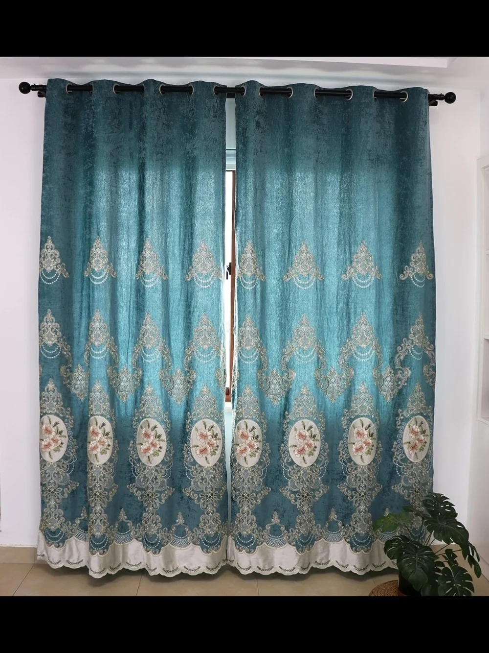 Luxurious Teal and Cream Embroidered Window Curtain Panel